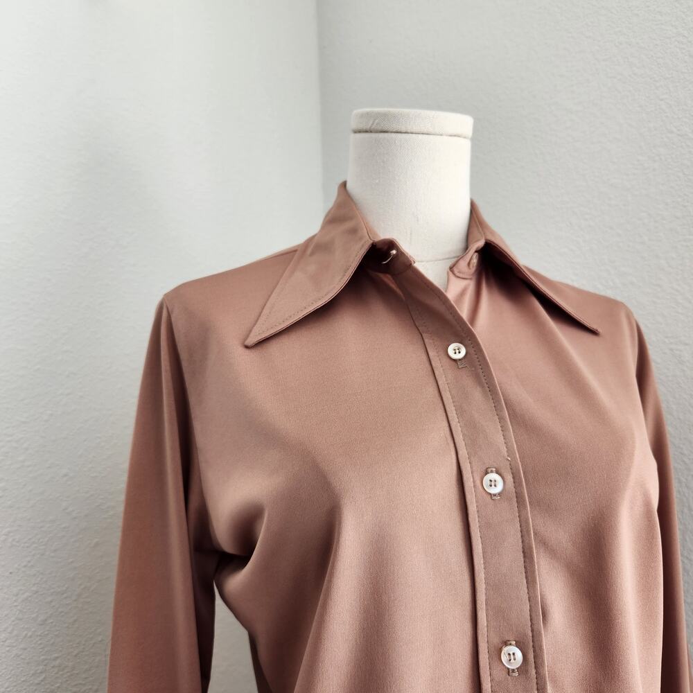 Vintage 70s City Slicks Tan Button Down Dagger Collared Blouse Long Sleeve S - Picture 3 of 8